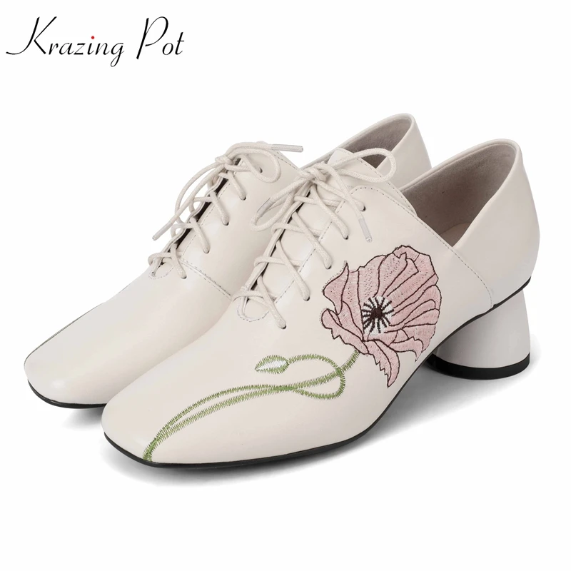 

Krazing pot 2020 full grain leather square toe lace up med heel elegant flowers embroidery Autumn dress lady gladiator pumps l17