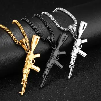 

Men Necklaces AK-47 Rifle Pattern Iced-Out Pendant Necklace Stainless Steel Hip Hop Bike Military For Men Fashion Jewelry