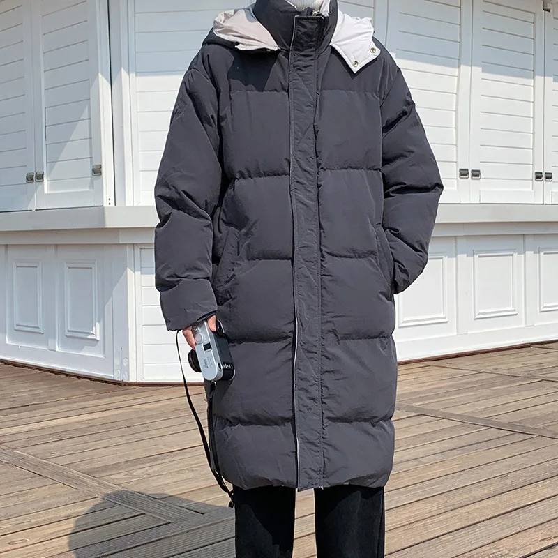 

Winter Mid-length Hooded Cotton Coat Men Thick Ins Hong Kong Style Solid Color Handsome Trend Loose Windbreaker Jacket