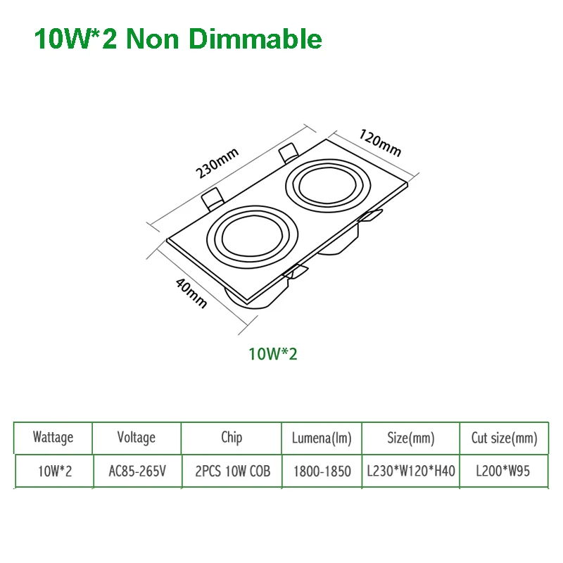 Супер яркий Встраиваемый светодиодный точечный светильник с регулируемой яркостью теплый белый/белый 10 Вт 14 Вт 20 Вт 30 Вт двойной COB квадратный светильник потолочный светильник домашний декор - Испускаемый цвет: 2X10W Non Dimmable