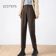 

High Waisted Women Harem Pants Winter Thicken Nylon Straight Pants Black Caffee Ladies Office Work Wear Pants 2021 Woolen Pants