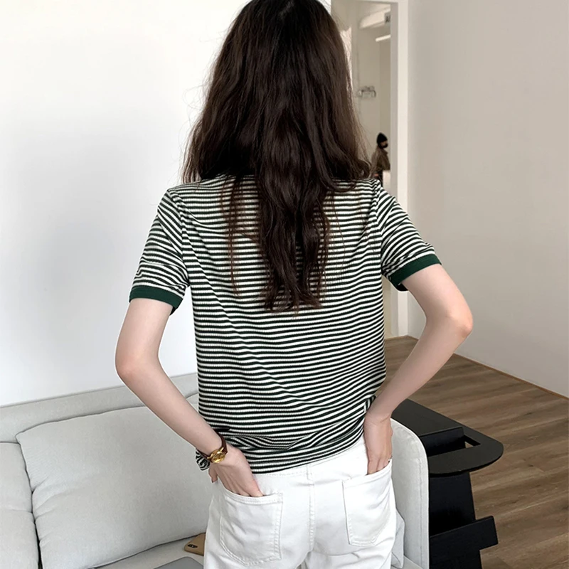 Striped Vintage Short Sleeve T Shirt Women 2022 Summer Korean Fashion T-shir Soft Tops Tshirts Casual O Neck Tee Shirt Female