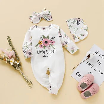 

Autumn Infant Baby Girls Sets Cotton Floral Pattern Infant Long Sleeve Jumpsuit+Hat+Headband Newborn Romper Set