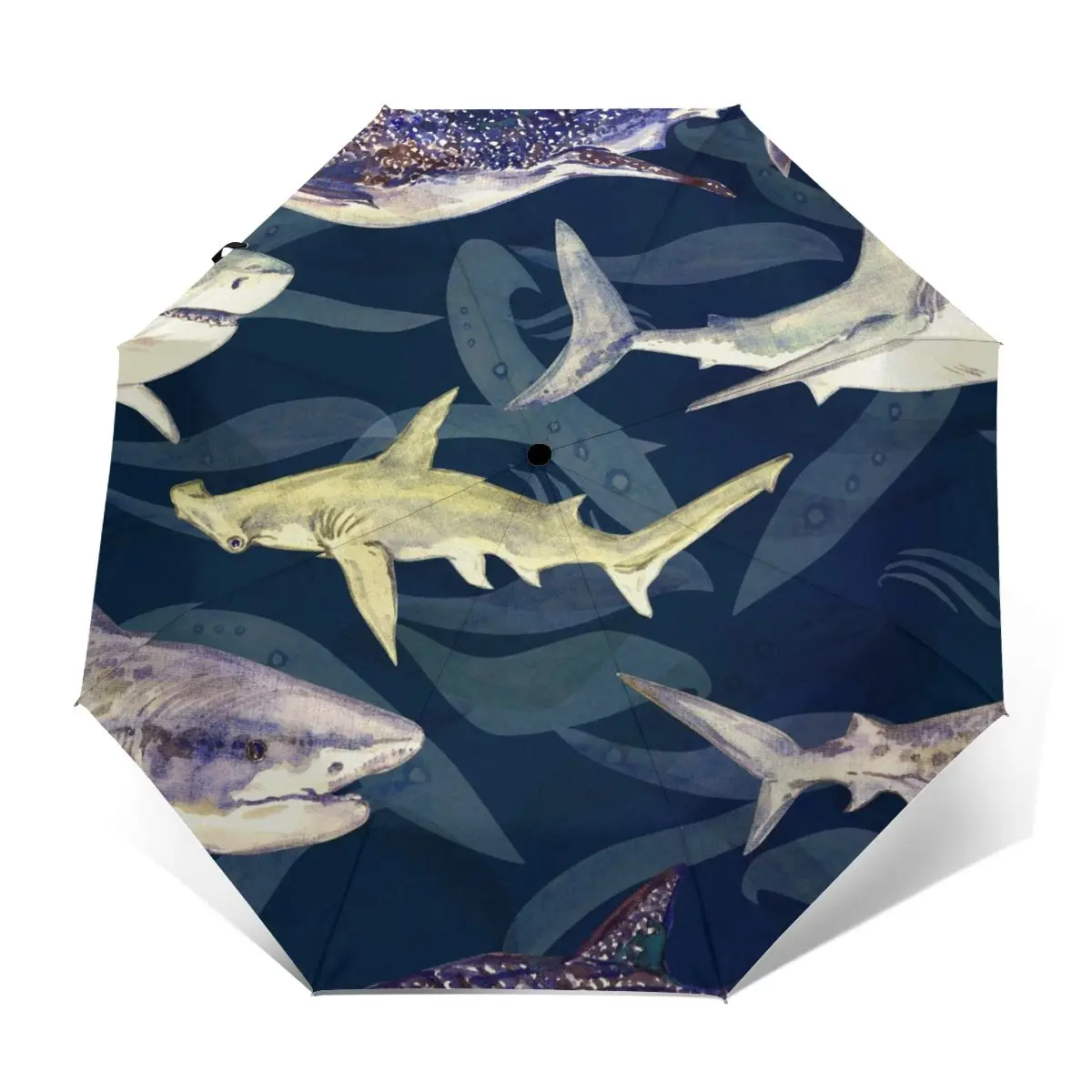 Wind Resistant Fully-Automatic Umbrella Blue Tiger Whale And Hammerhead Watercolor Rain 3 Folding Parasol Travel Car | Дом и сад