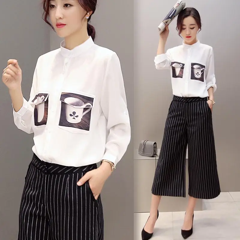 

2016 Spring New Style Korean-style Shirt Capri Pants Stripes Loose Pants-Style Two-Piece Set Women's