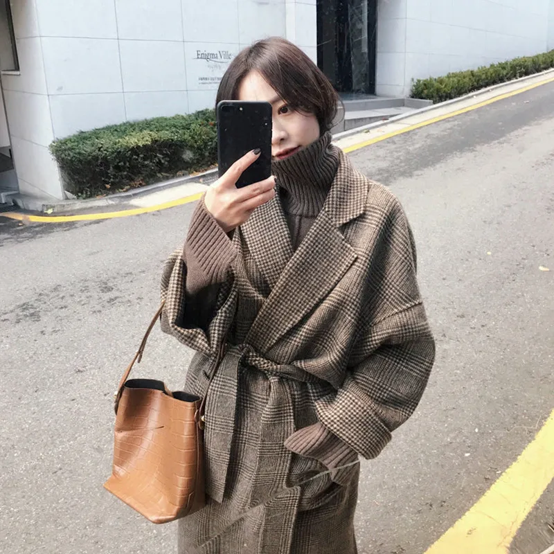 

Women Elegant Winter Jacket wool Plaid Brown Oversize Overcoat Long Bandage Woolen Coat Cardigan Plus Size Manteau Femme Hiver