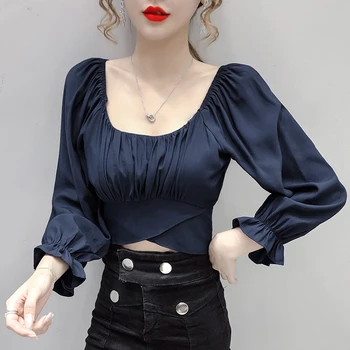 

COIGARSAM Fashion Solid blouse women New Spring Bow blusas womens tops and blouses White Navy 1577