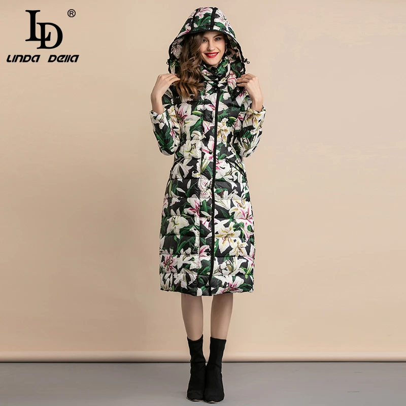 

LD LINDA DELLA Winter Warm Thickened White Duck Down Jacket Vintage Elegant Long Women Coats Floral Print Hooded Outwear Female