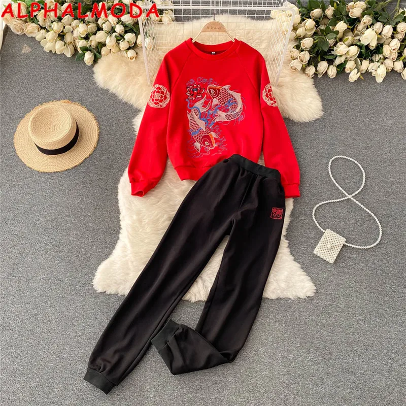 Женский костюм с вышивкой ALPHALMODA толстовки и брюки-карандаш повседневный