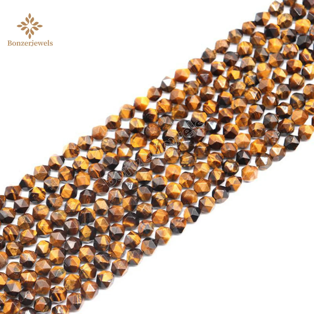 Natural Factory Price Diamonds Faceted Tiger Eye Stone Round Star Cut Polygon Beads For Jewelry Making 15&ampquot Strand 6 8 10MM |