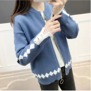 

2019 Women Autumn Korean O-Neck Loose Short Knitted Jacket Zipper Solid Knitted Cardigan Loose Geometry Sweater Coat