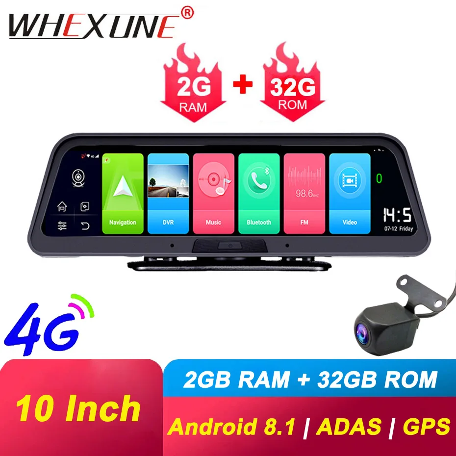 WHEXUNE 10 дюймов 4G Видеорегистраторы для автомобилей ADAS Android GPS навигации HD 1080P тире
