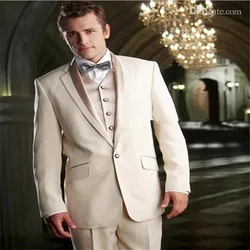 2021 New Design Beige Men's Suit Notch Lapel Slim Italian Groom Fashion Party 3- piece Set (Jacket + Pants + Vest + Bow Tie)