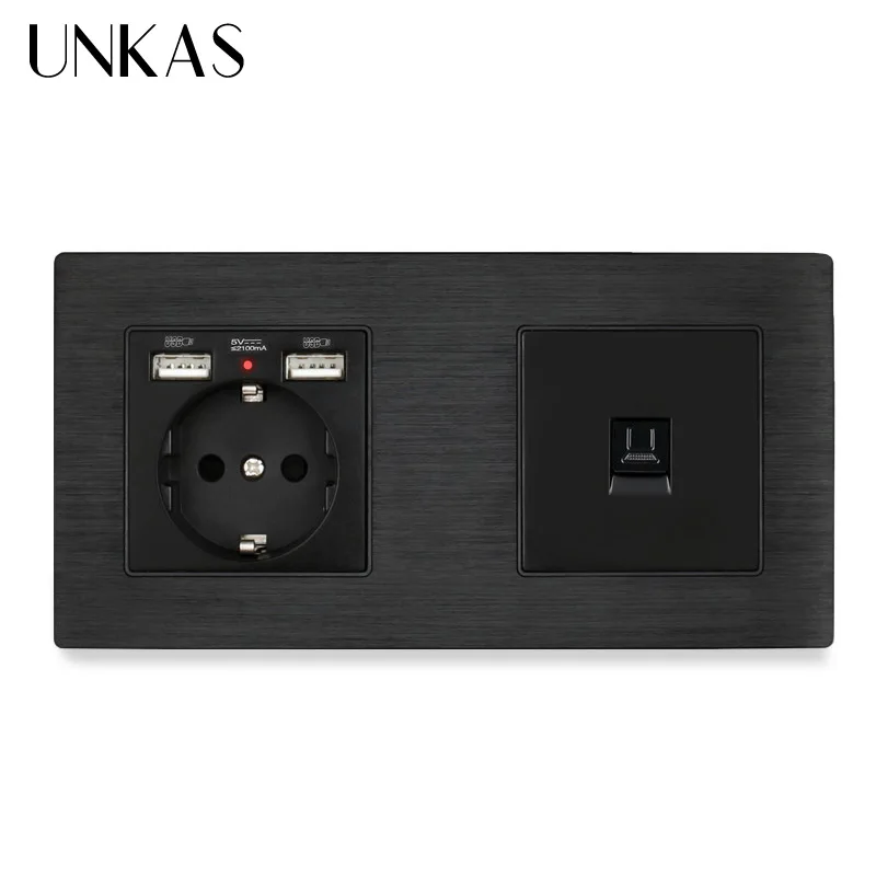 Панельная розетка UNKAS европейского стандарта с двойным USB разъемом + 1 коннектор