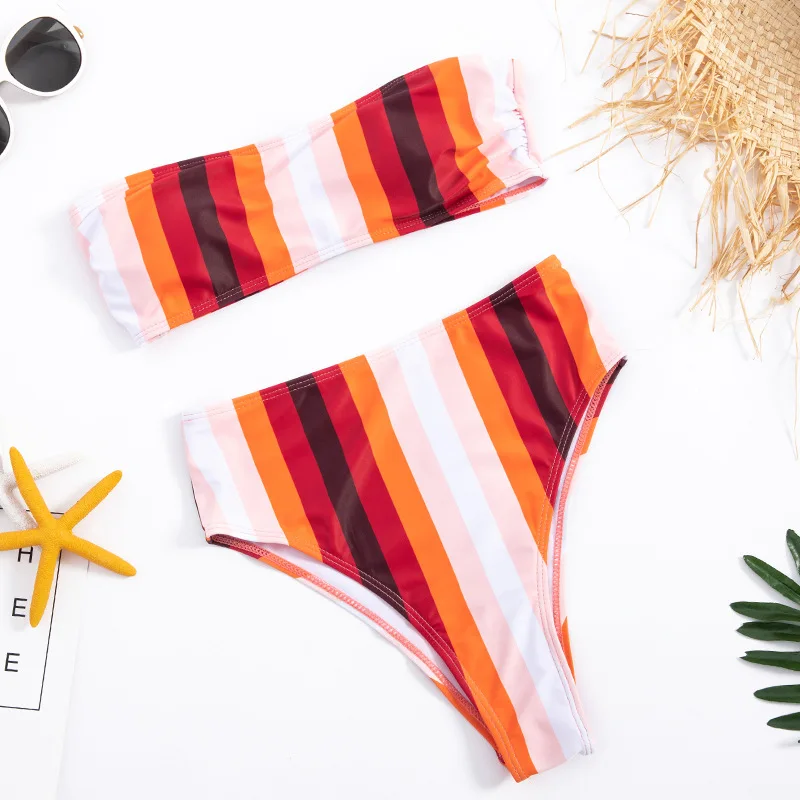 Europe America 2020 New Bikini Sexy Stripes Tube Top Womens Swimsuit High-Waisted Split Type Swimwear /30 |