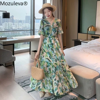 

Mozuleva Women Chiffon Dress 2020 Summer Female Short Sleeve Sexy V-neck Printed Casual Long Dress Elegant A-line Boho Vestidos