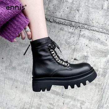

ENNIS High Platform Martin Boots Genuine Leather Women Lace Up Chain Boots Back Zip Shoes Big Size Lady Flat Boots Winter A0222