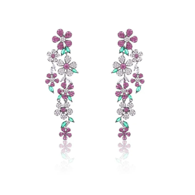 Micro Pave Colorful Cubic Zirconia Flower Dangle Earrings for Women Temperment Long Pendant Earings Fashion Wedding Jewelry