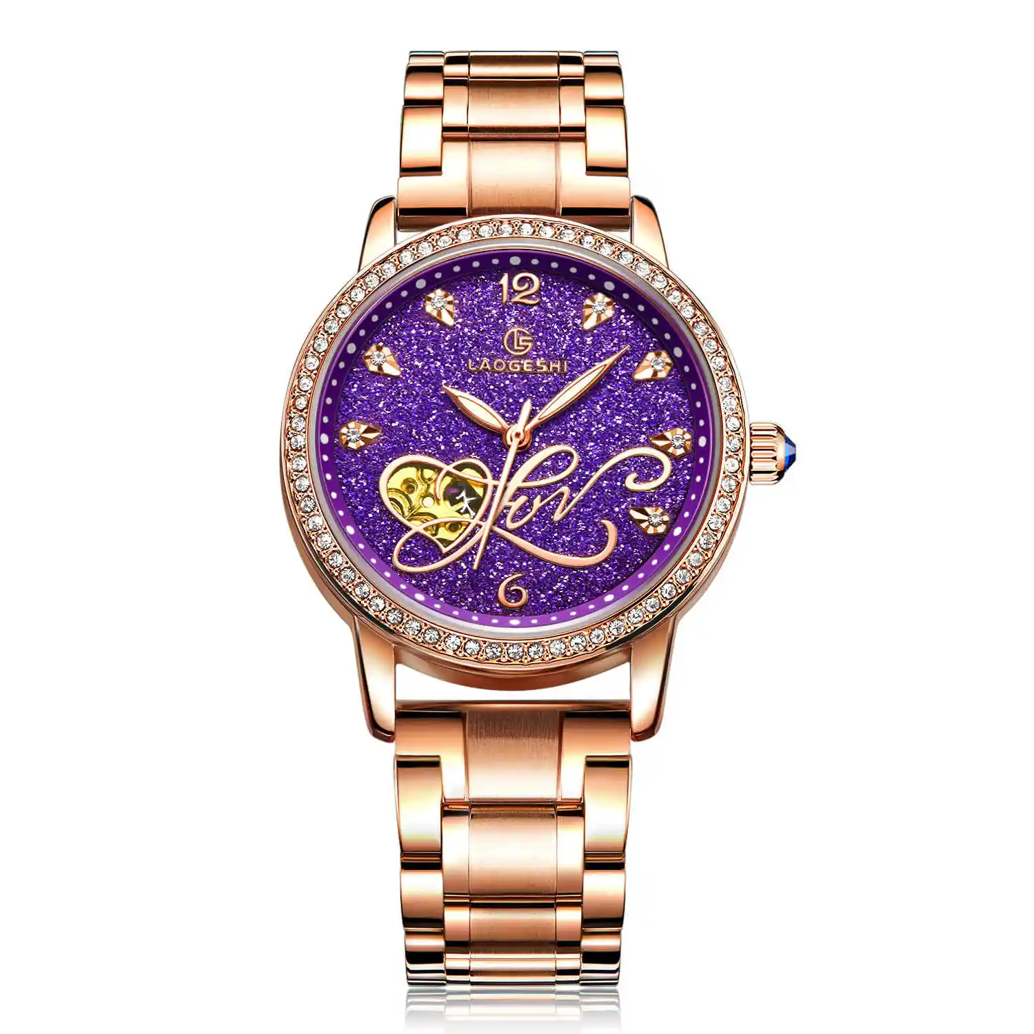 LAOGESHI часы женские модные водонепроницаемые из нержавеющей стали со стразами Роскошные красочные женские наручные часы автоматические механические Relogio - Цвет: gold purple