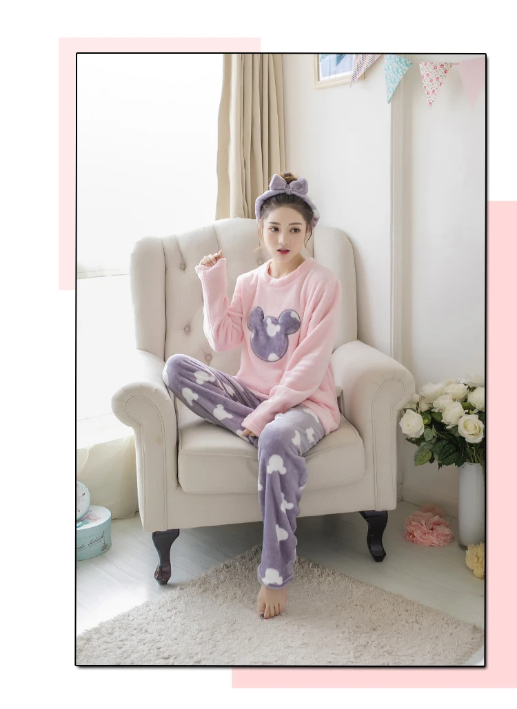 Корейская фланелевая теплая Пижама для женщин, домашний костюм с длинным рукавом, Дамская одежда для сна, бархатный пижамный комплект с рисунком, толстая женская пижама Pyjamas08