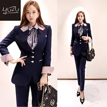 Womens Suits Set 2 Pieces Blazer And Pants Office Business 2020 Spring Dark Blue Jacket Pink Cuffs Professional 2 Piece Outfits