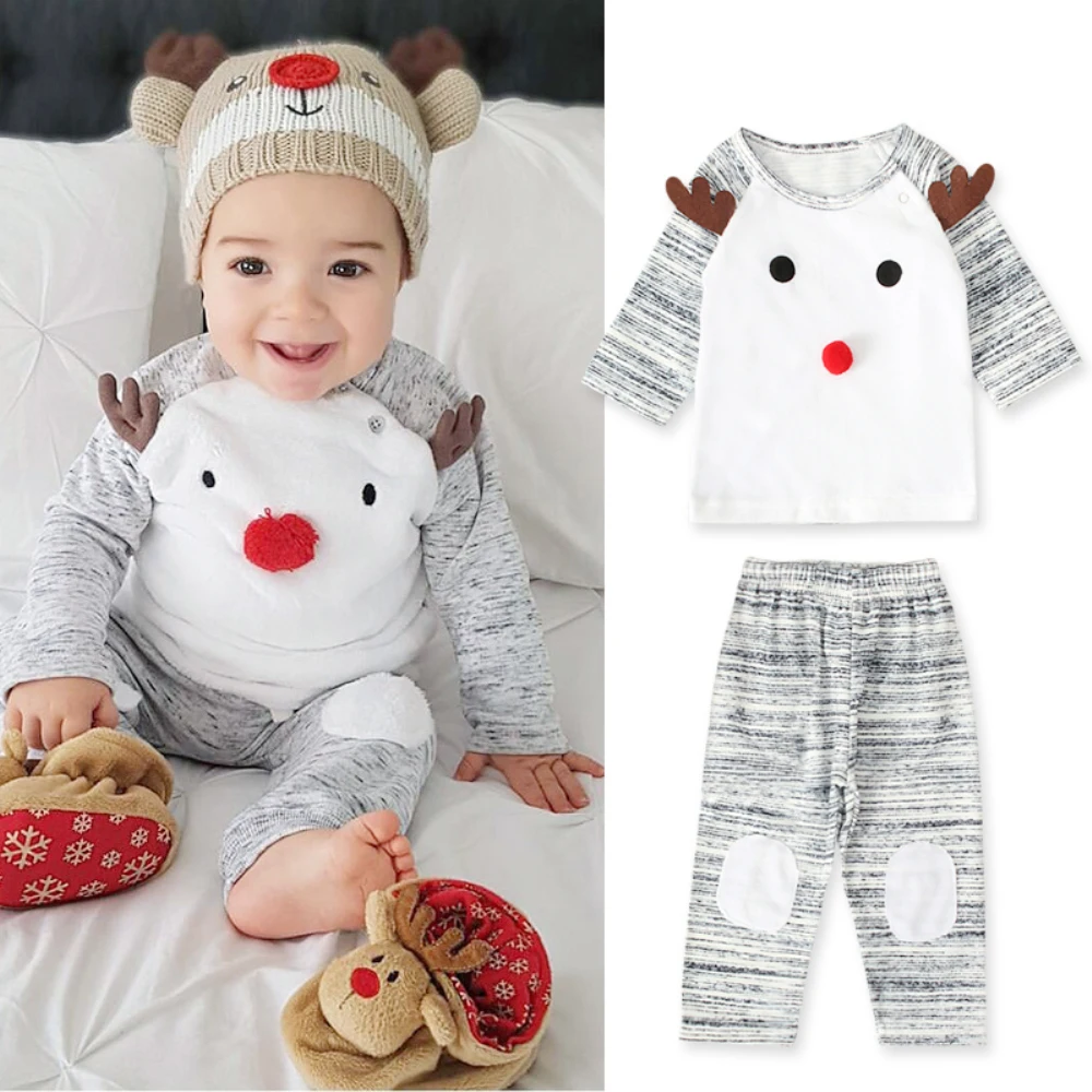 Комплект из 2 предметов для новорожденных мальчиков и девочек; осенний топ с длинными рукавами и рисунком оленя; футболка и штаны; комплект рождественской одежды