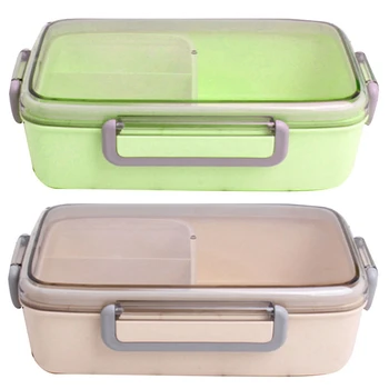 

2 Pcs Bento Box Bamboo Fiber Leakproof Independent Lattice Student Microwave Oven Portable Lunch Box Green & Grey