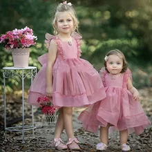 Розовое милое платье с цветочным узором для девочек; украшение из органзы с бантом; детское праздничное платье на заказ; Пышное вечернее платье для причастия