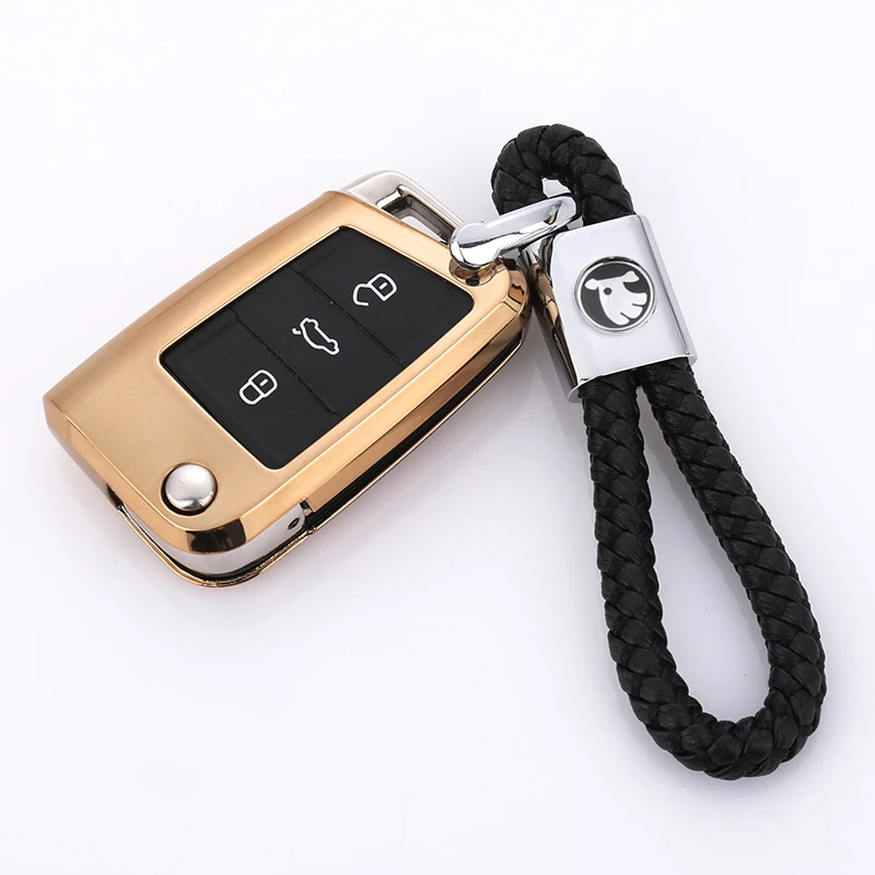 

Suitable for Skoda car logo leather braided rope Horseshoe buckle metal key ring men accessories 4s shop exquisite gift pendant