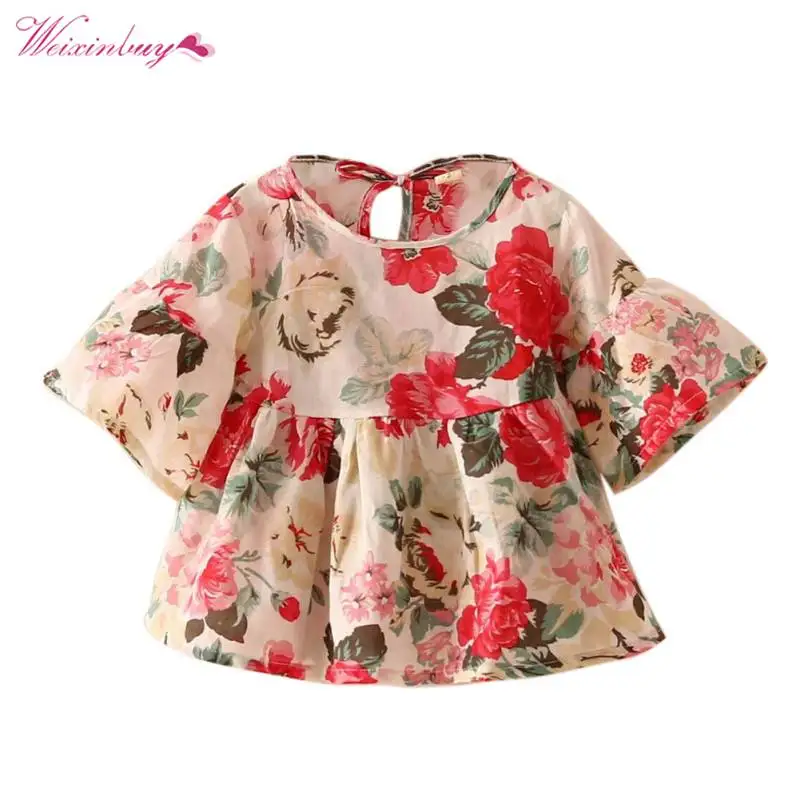 

Baby Clothes WEIXINBUY Baby Kids Girls Dress Retro Floral Blouse Flare Sleeve O-neck Tops Shirt Party Ruffles Blouses