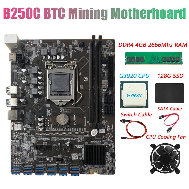 Материнская плата для майнинга BTC B250C + ЦП G3920 или G3930 вентилятор DDR4 4 Гб 2666 МГц ОЗУ