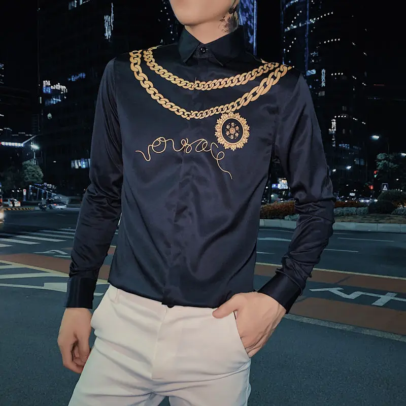 Gold Print Luxury Men Shirt Casual Slim Fit Long Sleeve Male Dress Shirts Club Work Vintage Tuxedo Shirt Camisa Social Masculina