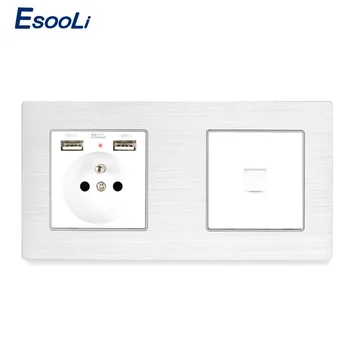 

Esooli French Standard Socket with Dual USB Outlet RJ11 Tel Jack Telephone Socket Outlet White Aluminum Metal Panel