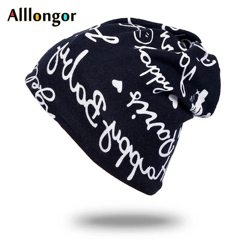 Autumn 2020 winter hats for Women Ponytail Beanie Skullies Caps letter Print touca de inverno bonnet femme hiver Black | Аксессуары для