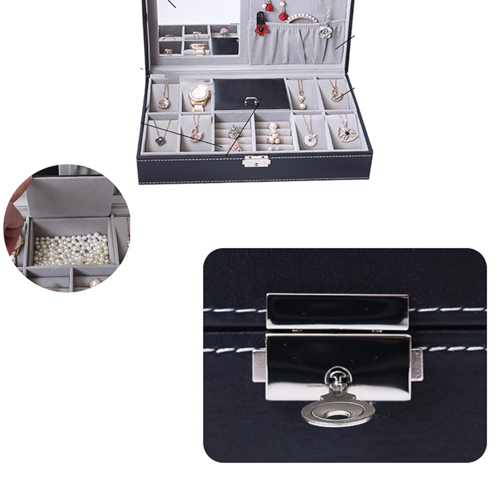 

Luxury 8 Grid Watch Box Necklace Jewelry Display Mirror Case With Metal Lock