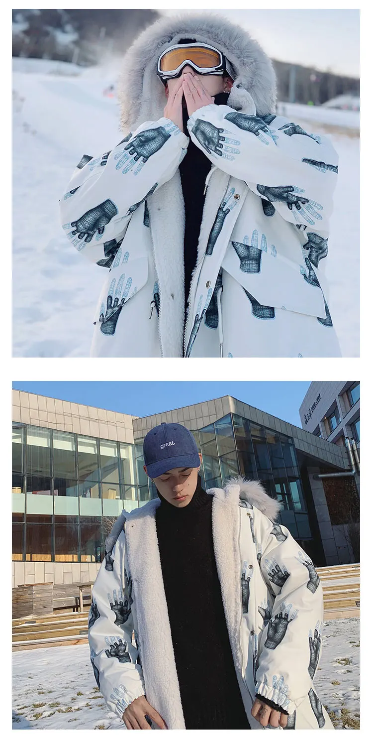 Зимняя куртка с меховым капюшоном, Мужская парка, корейский стиль, ветровка с пальмовым принтом, большие размеры, шерстяные худи из овечьей шерсти, пальто-пузырь