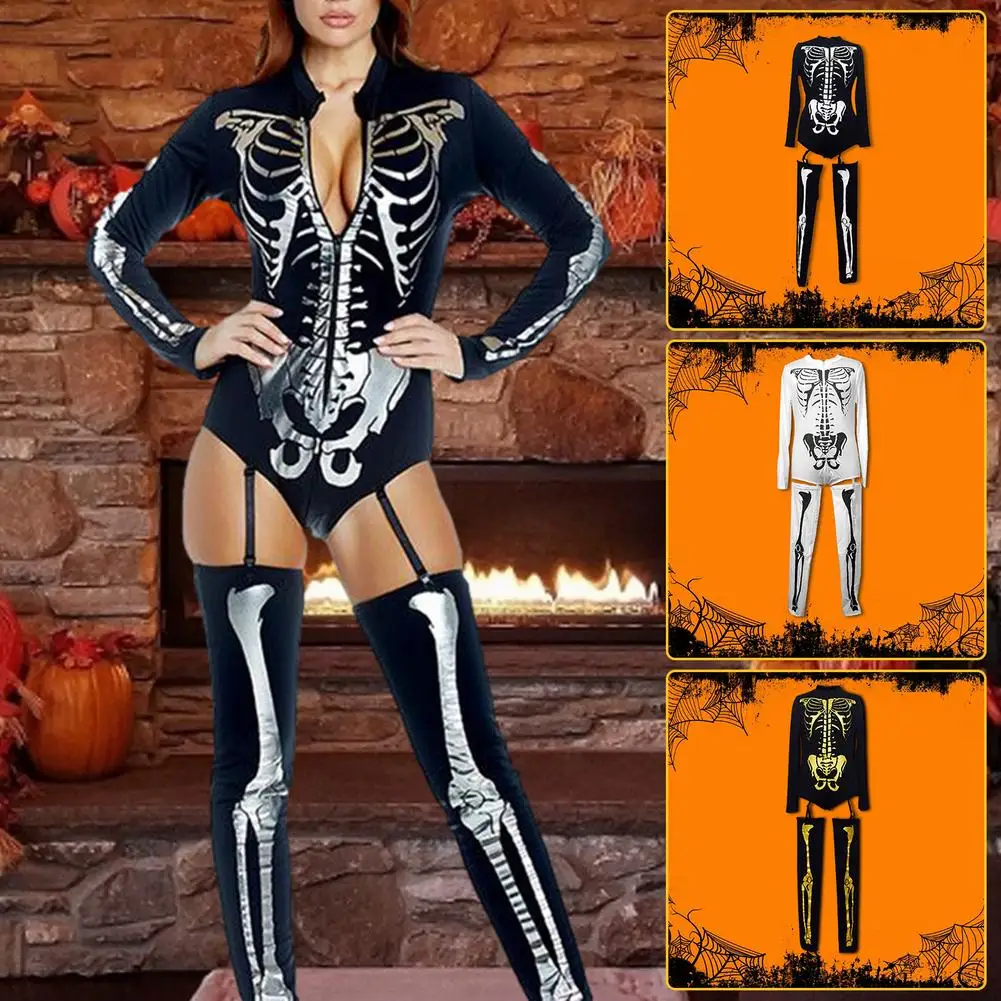 Skull Costume Women's Halloween Dress Up Witch Dead Day Jumpsuit Scary Bride Cosplay Carnival Party Vampire Fancy 1