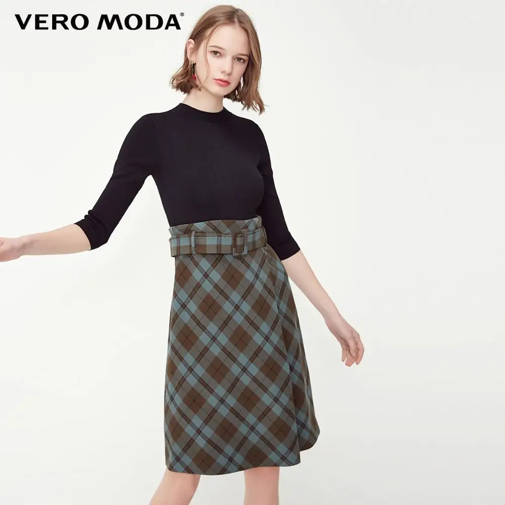 Vero Moda женское OL Стиль Плед Круглый вырез 3/4 рукава вязаное платье | 31917C536 - Цвет: E06 Army green