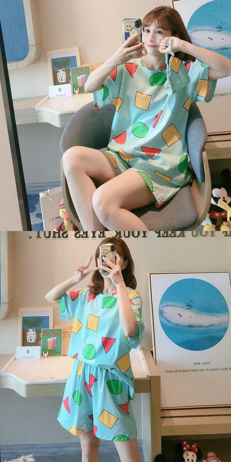 Summer Pajamas Women's Short-Sleeved Crayon Cartoon Anime Styles Cute Geometric Patterns Breathable And Comfortable Bathing Suit cotton pyjamas