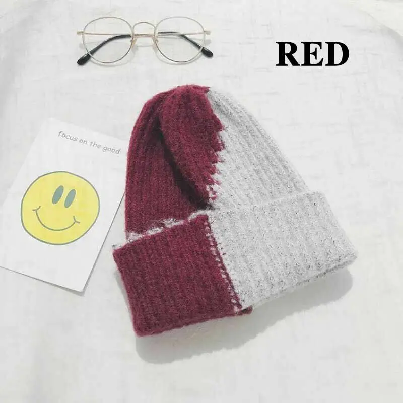 red Женские вязаные зимние шапки, шерстяные повседневные однотонные кепки, хип-хоп шапки с черепом - Цвет: red