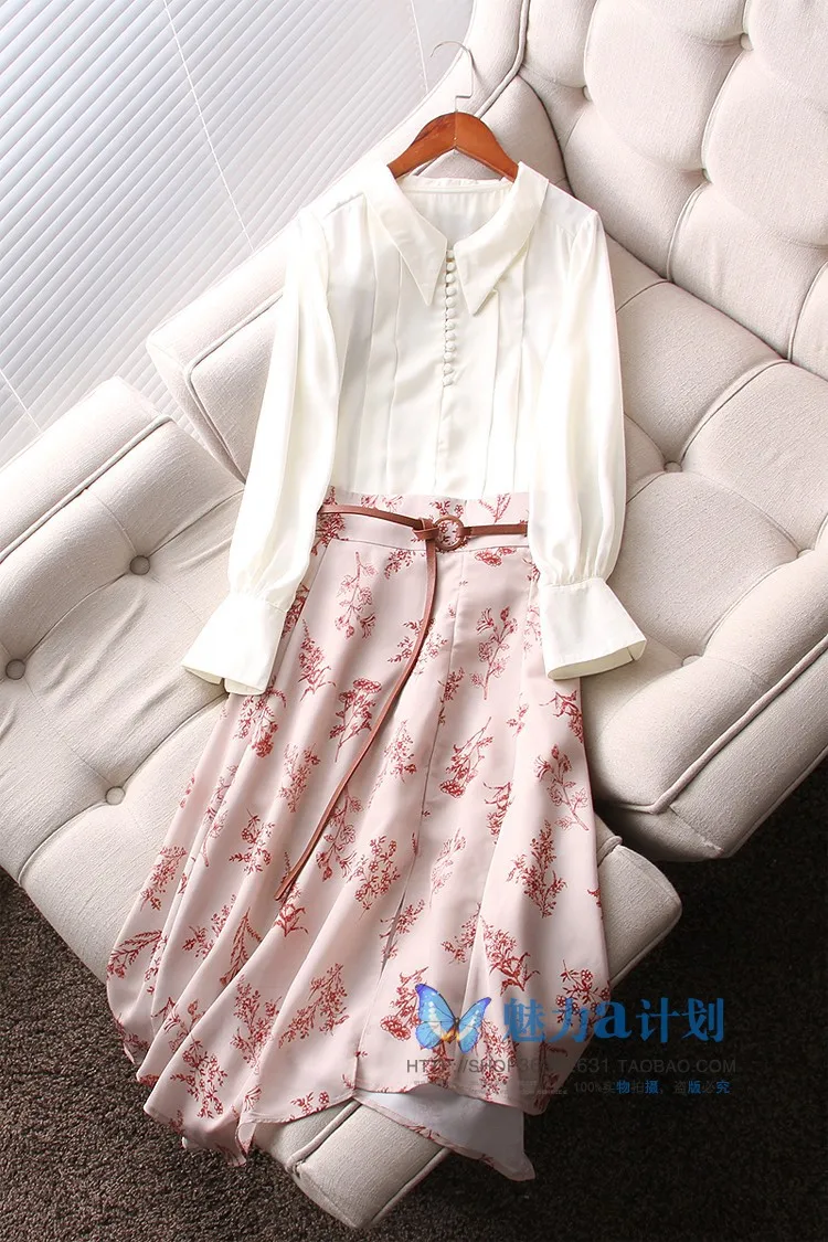 

A Generation of WOMEN'S Long-sleeved Blouse + Floral Print Medium-length Skirt Two-Piece Set Entity