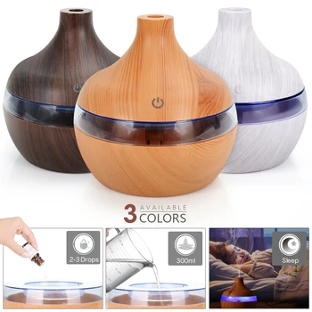 300ML USB Air Humidifier Electric Aroma Diffuser Mist Wood Grain Oil Aromatherapy Mini Have 7 LED Light For Car Home Office 1