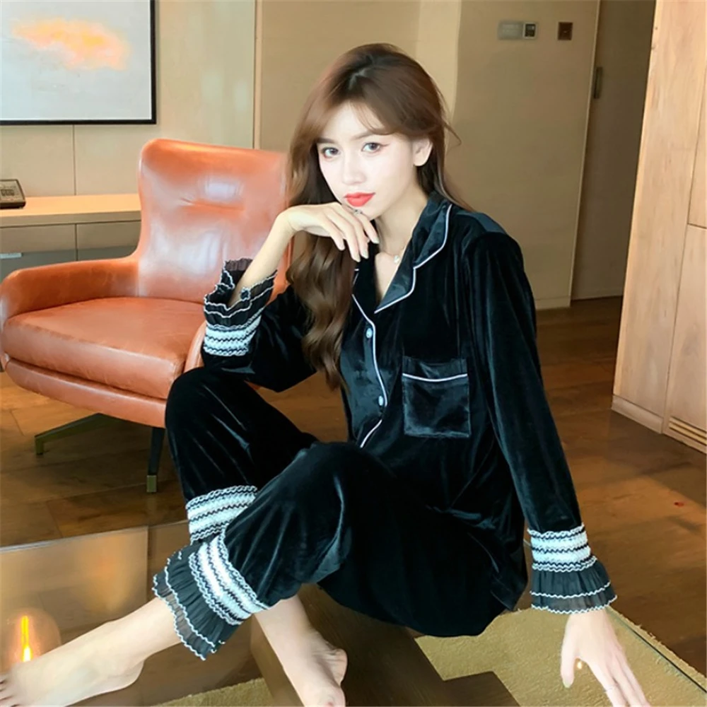 

Korean Long-sleeved Trousers Cardigan Home Service Suit Sleepwear Creation 101 Autumn and Winter New Gold Velvet Pajamas Women