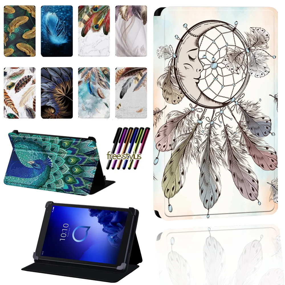 

For Alcatel 1T 7 10 / 3T 8 10 / A3 10 Tablet Feather Pattern Scratch Resistant Folio Lightweight Protective Case Cover + Pen