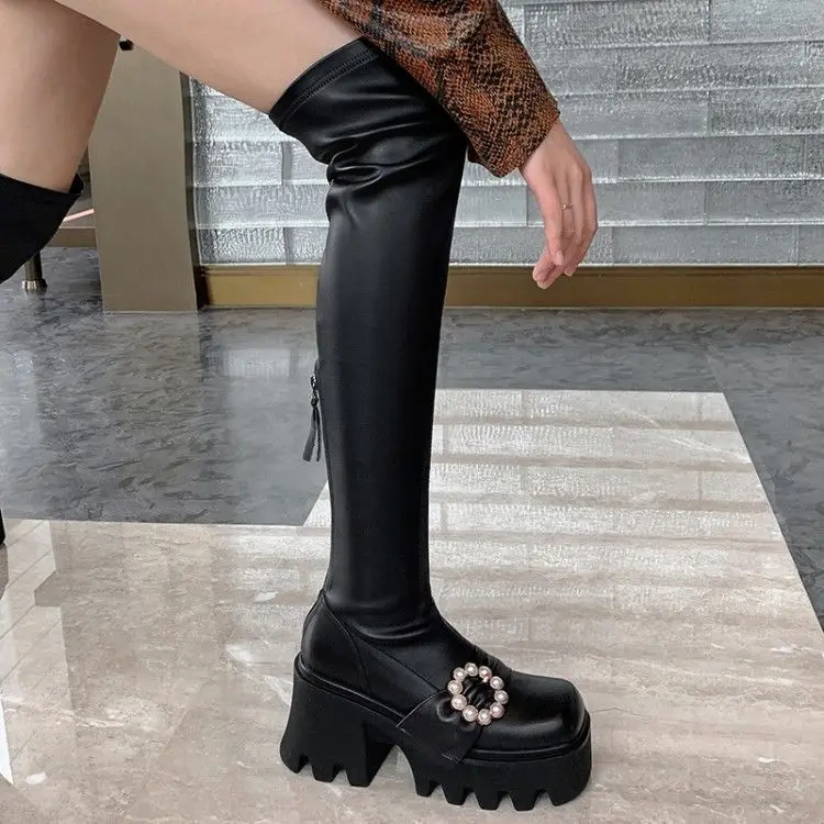 2021 Autumn New Square Toe Chunky Heel Platform Super Cool over-the-Knee Solid Color Elastic Thin Women Boots Flower Decoration | Обувь
