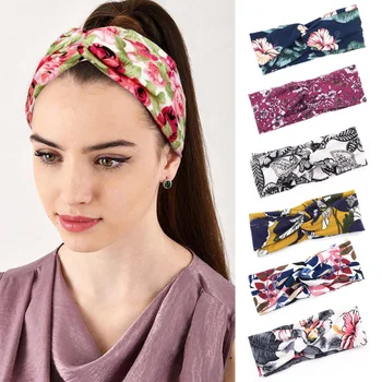 

Women Flower Headband Floral Prints Elastic Turban Cross Knot Hair Band Wide Stretch Girls Hairband Hair Accessories