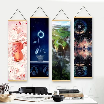 

Wall Art Home Decor Printed Canvas Animation Character Poster Wooden Scroll Hanging Painting Scenery Pictures Bedside Background