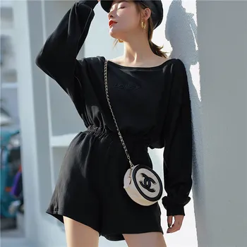 

Qiu dong black easy accept waist show thin long-sleeved casual jumpsuits wide-legged pants