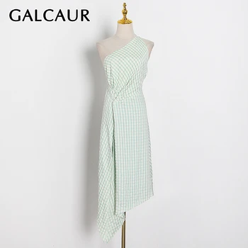 

GALCAUR Plaid Dress For Women Asymmetrical Collar Sleeveless Off Shouder High Waist Lace Up Backless Mid Dresses Female 2020 New