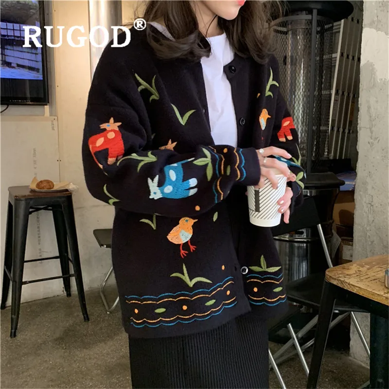 RUGOD осенний Женский вышитый Хлопковый вязаный кардиган с животным рисунком травы, вышитый милый свитер, шикарное уютное пальто